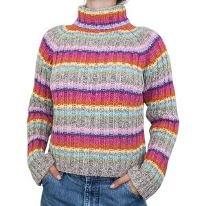 Vintage 90s Rocket 898 Rainbow Striped Knit Turtleneck Sweater